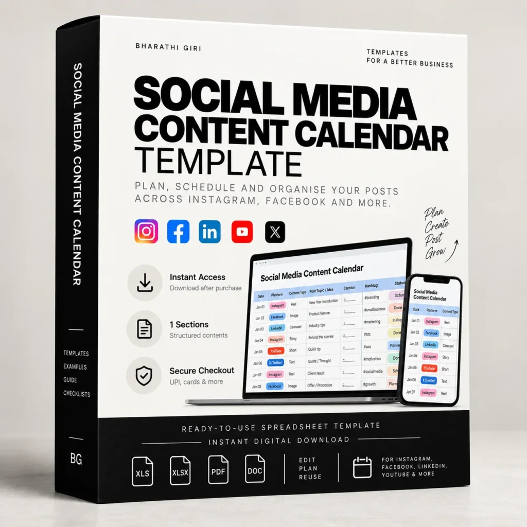 Social Media Content Calendar Template Kit - Bharathi Giri